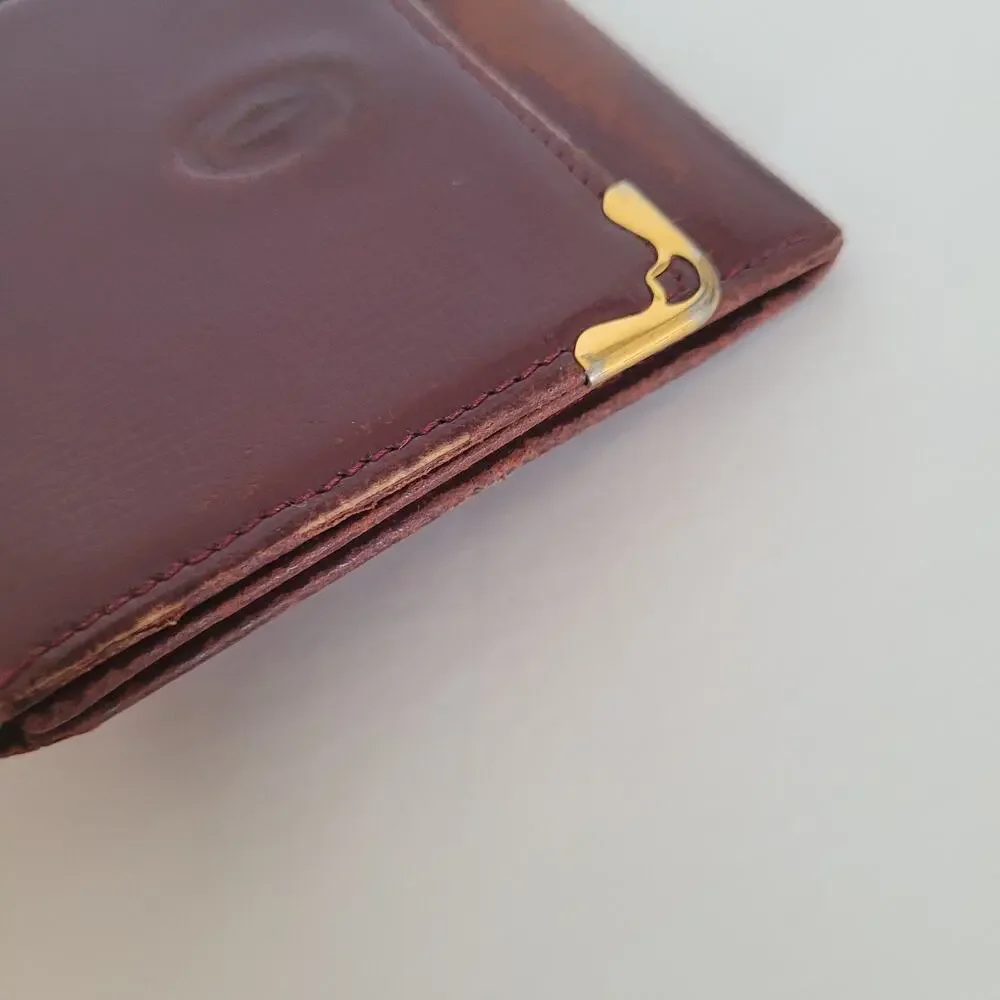 Cartier Vintage Mini Coin Holder Wallet Bordeaux Leather Small Red Burgundy